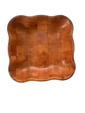 Vintage MCM Wood Checkerboard Square Serving Bowl